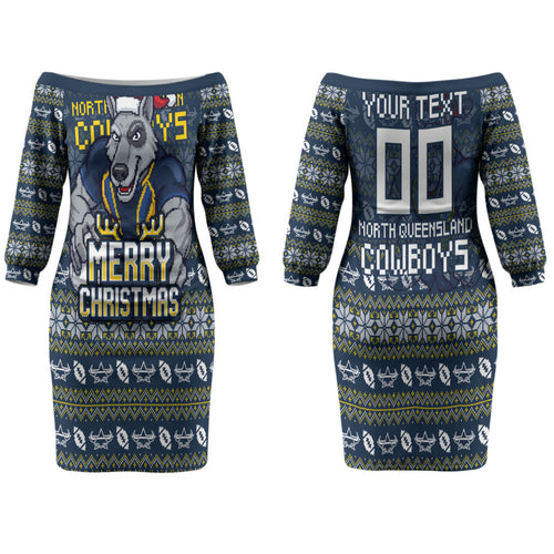 Personalized Cowboys Christmas Family Matching Off The Shoulder Long Sleeve Dress and Hawaiian Shirt Australian Rugby Fans - Pixelated Ugly Xmas Pattern Mascot Santa