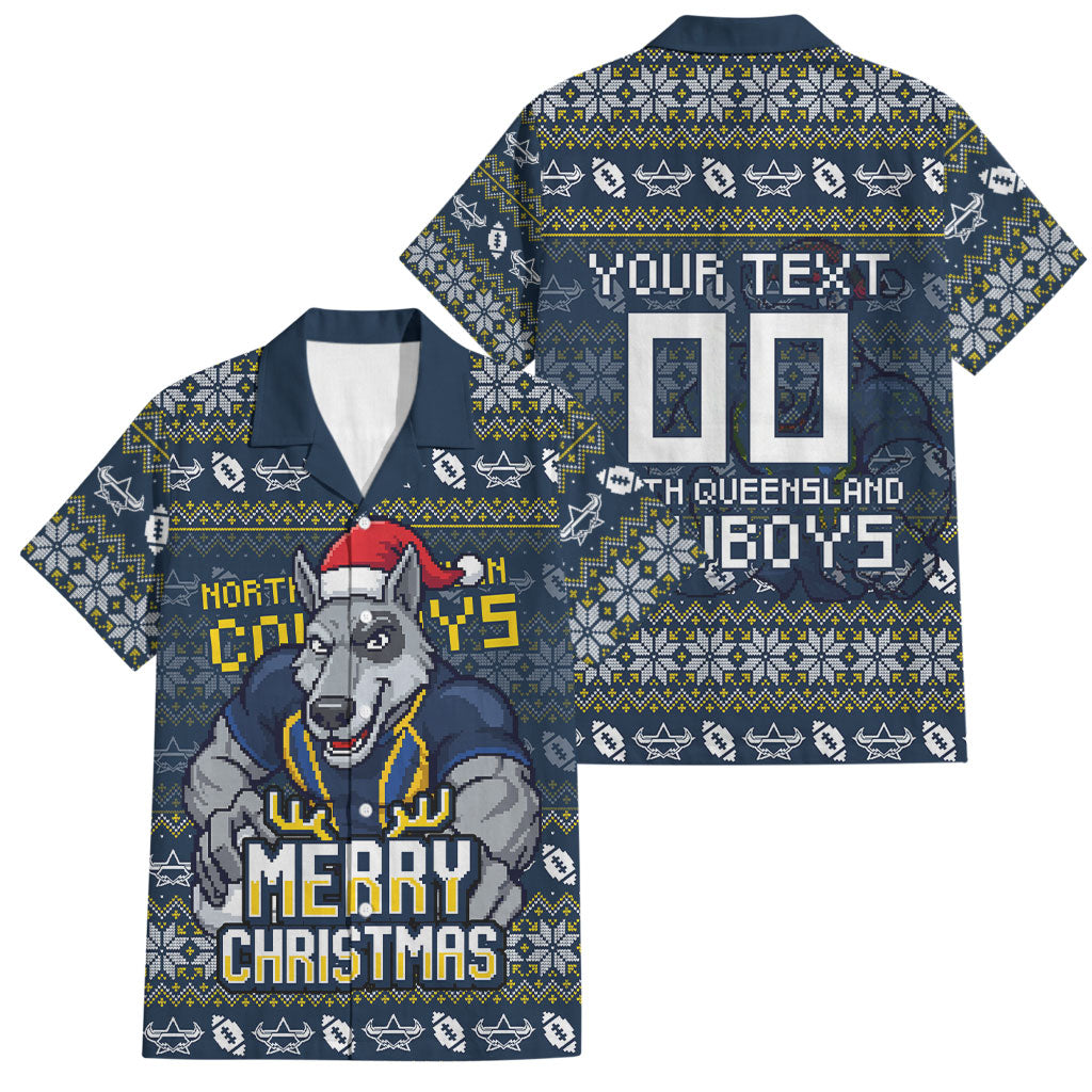 Personalized Cowboys Christmas Family Matching Off The Shoulder Long Sleeve Dress and Hawaiian Shirt Australian Rugby Fans - Pixelated Ugly Xmas Pattern Mascot Santa