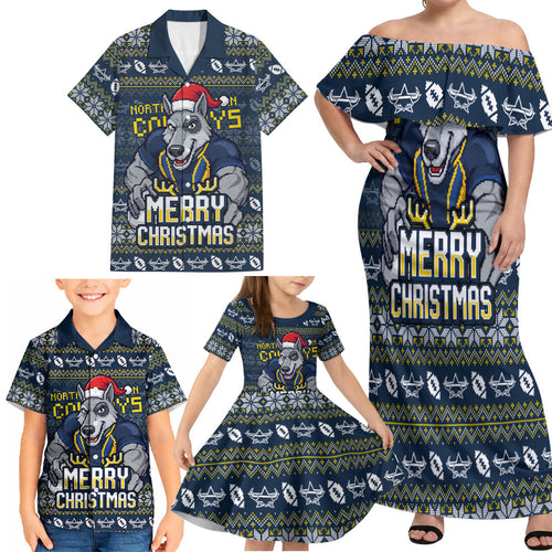 Personalized Cowboys Christmas Family Matching Off Shoulder Maxi Dress and Hawaiian Shirt Australian Rugby Fans - Pixelated Ugly Xmas Pattern Mascot Santa