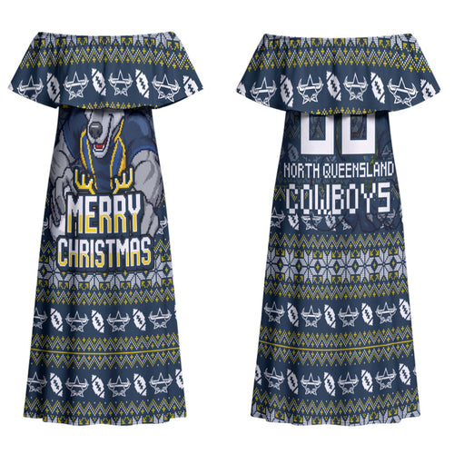 Personalized Cowboys Christmas Family Matching Off Shoulder Maxi Dress and Hawaiian Shirt Australian Rugby Fans - Pixelated Ugly Xmas Pattern Mascot Santa