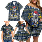 Personalized Cowboys Christmas Family Matching Off Shoulder Short Dress and Hawaiian Shirt Australian Rugby Fans - Pixelated Ugly Xmas Pattern Mascot Santa