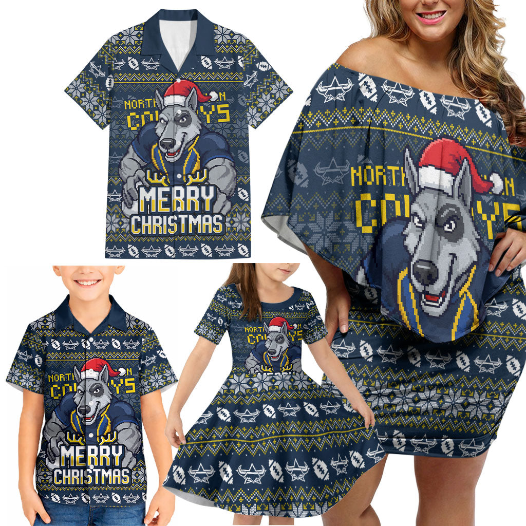 Personalized Cowboys Christmas Family Matching Off Shoulder Short Dress and Hawaiian Shirt Australian Rugby Fans - Pixelated Ugly Xmas Pattern Mascot Santa