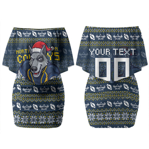 Personalized Cowboys Christmas Family Matching Off Shoulder Short Dress and Hawaiian Shirt Australian Rugby Fans - Pixelated Ugly Xmas Pattern Mascot Santa