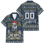Personalized Cowboys Christmas Family Matching Off Shoulder Short Dress and Hawaiian Shirt Australian Rugby Fans - Pixelated Ugly Xmas Pattern Mascot Santa