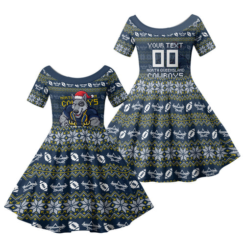 Personalized Cowboys Christmas Family Matching Off Shoulder Short Dress and Hawaiian Shirt Australian Rugby Fans - Pixelated Ugly Xmas Pattern Mascot Santa