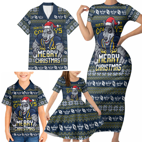 Personalized Cowboys Christmas Family Matching Short Sleeve Bodycon Dress and Hawaiian Shirt Australian Rugby Fans - Pixelated Ugly Xmas Pattern Mascot Santa