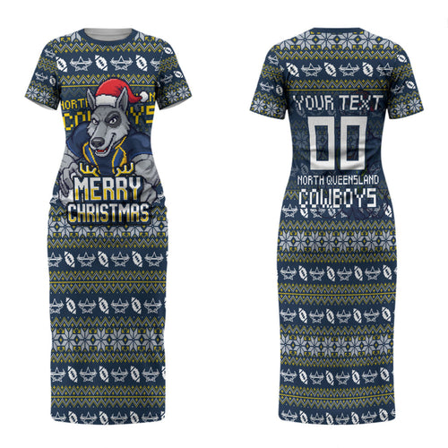 Personalized Cowboys Christmas Family Matching Short Sleeve Bodycon Dress and Hawaiian Shirt Australian Rugby Fans - Pixelated Ugly Xmas Pattern Mascot Santa