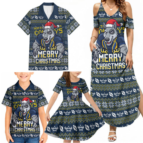 Personalized Cowboys Christmas Family Matching Summer Maxi Dress and Hawaiian Shirt Australian Rugby Fans - Pixelated Ugly Xmas Pattern Mascot Santa
