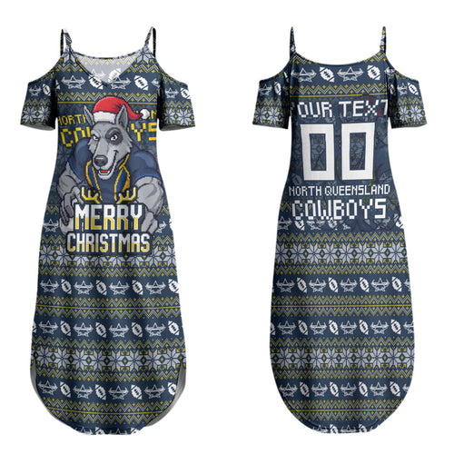 Personalized Cowboys Christmas Family Matching Summer Maxi Dress and Hawaiian Shirt Australian Rugby Fans - Pixelated Ugly Xmas Pattern Mascot Santa