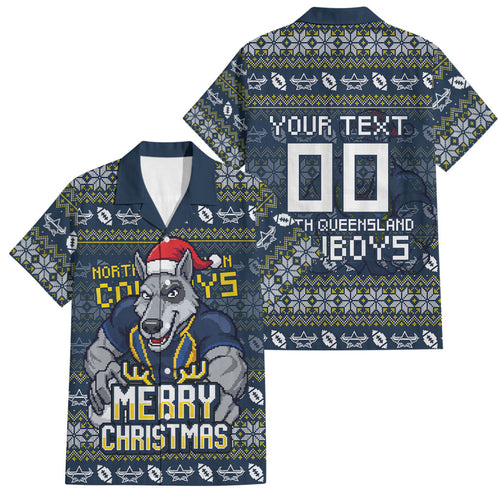 Personalized Cowboys Christmas Family Matching Summer Maxi Dress and Hawaiian Shirt Australian Rugby Fans - Pixelated Ugly Xmas Pattern Mascot Santa
