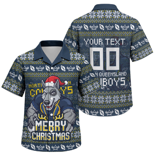 Personalized Cowboys Christmas Family Matching Summer Maxi Dress and Hawaiian Shirt Australian Rugby Fans - Pixelated Ugly Xmas Pattern Mascot Santa