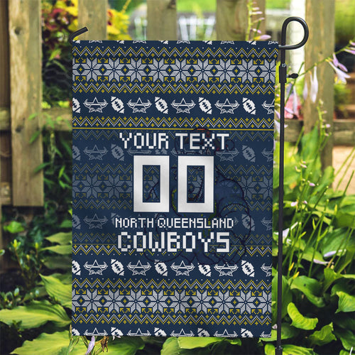 Personalized Cowboys Christmas Garden Flag Australian Rugby Fans - Pixelated Ugly Xmas Pattern Mascot Santa