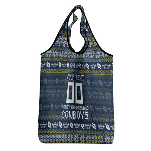 Personalized Cowboys Christmas Grocery Bag Australian Rugby Fans - Pixelated Ugly Xmas Pattern Mascot Santa