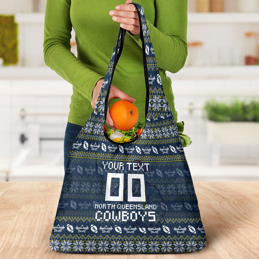 Personalized Cowboys Christmas Grocery Bag Australian Rugby Fans - Pixelated Ugly Xmas Pattern Mascot Santa