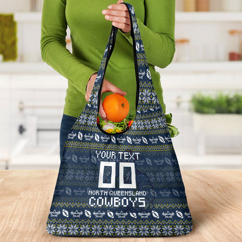 Personalized Cowboys Christmas Grocery Bag Australian Rugby Fans - Pixelated Ugly Xmas Pattern Mascot Santa