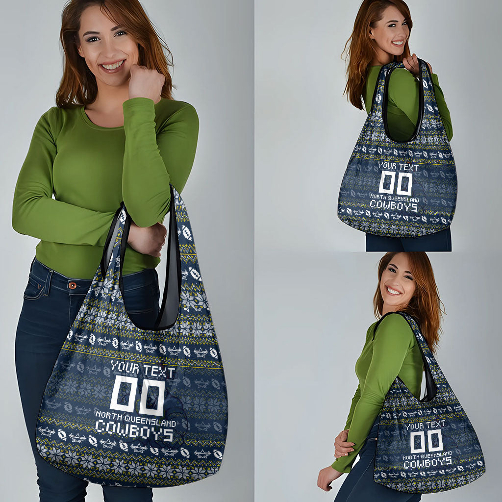 Personalized Cowboys Christmas Grocery Bag Australian Rugby Fans - Pixelated Ugly Xmas Pattern Mascot Santa