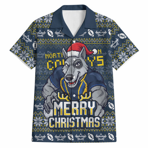 Personalized Cowboys Christmas Hawaiian Shirt Australian Rugby Fans - Pixelated Ugly Xmas Pattern Mascot Santa