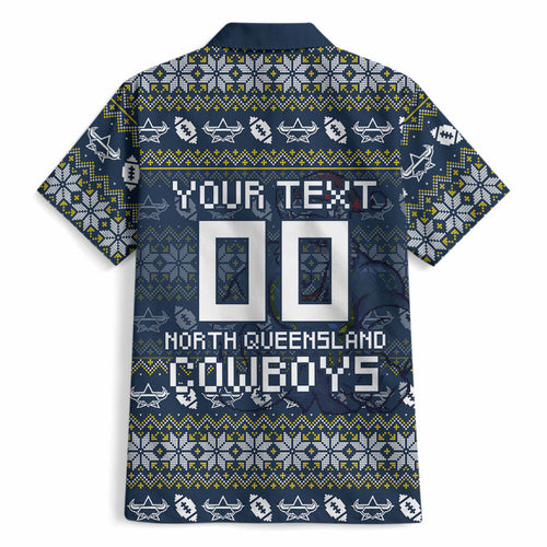 Personalized Cowboys Christmas Hawaiian Shirt Australian Rugby Fans - Pixelated Ugly Xmas Pattern Mascot Santa