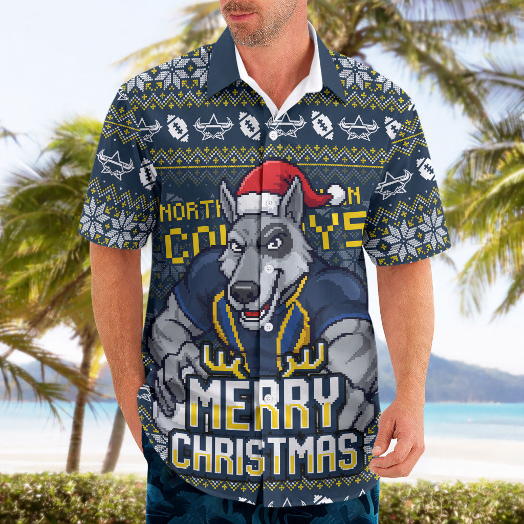 Personalized Cowboys Christmas Hawaiian Shirt Australian Rugby Fans - Pixelated Ugly Xmas Pattern Mascot Santa