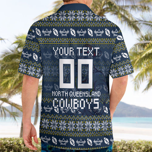 Personalized Cowboys Christmas Hawaiian Shirt Australian Rugby Fans - Pixelated Ugly Xmas Pattern Mascot Santa