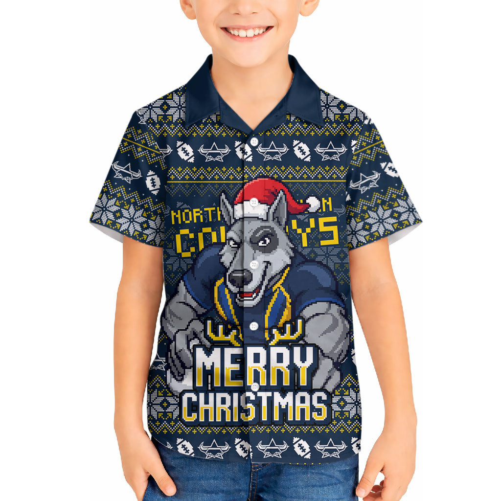 Personalized Cowboys Christmas Hawaiian Shirt Australian Rugby Fans - Pixelated Ugly Xmas Pattern Mascot Santa