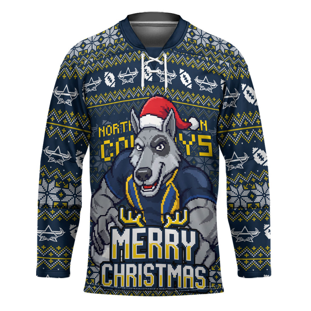 Personalized Cowboys Christmas Hockey Jersey Australian Rugby Fans - Pixelated Ugly Xmas Pattern Mascot Santa