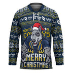 Personalized Cowboys Christmas Hockey Jersey Australian Rugby Fans - Pixelated Ugly Xmas Pattern Mascot Santa