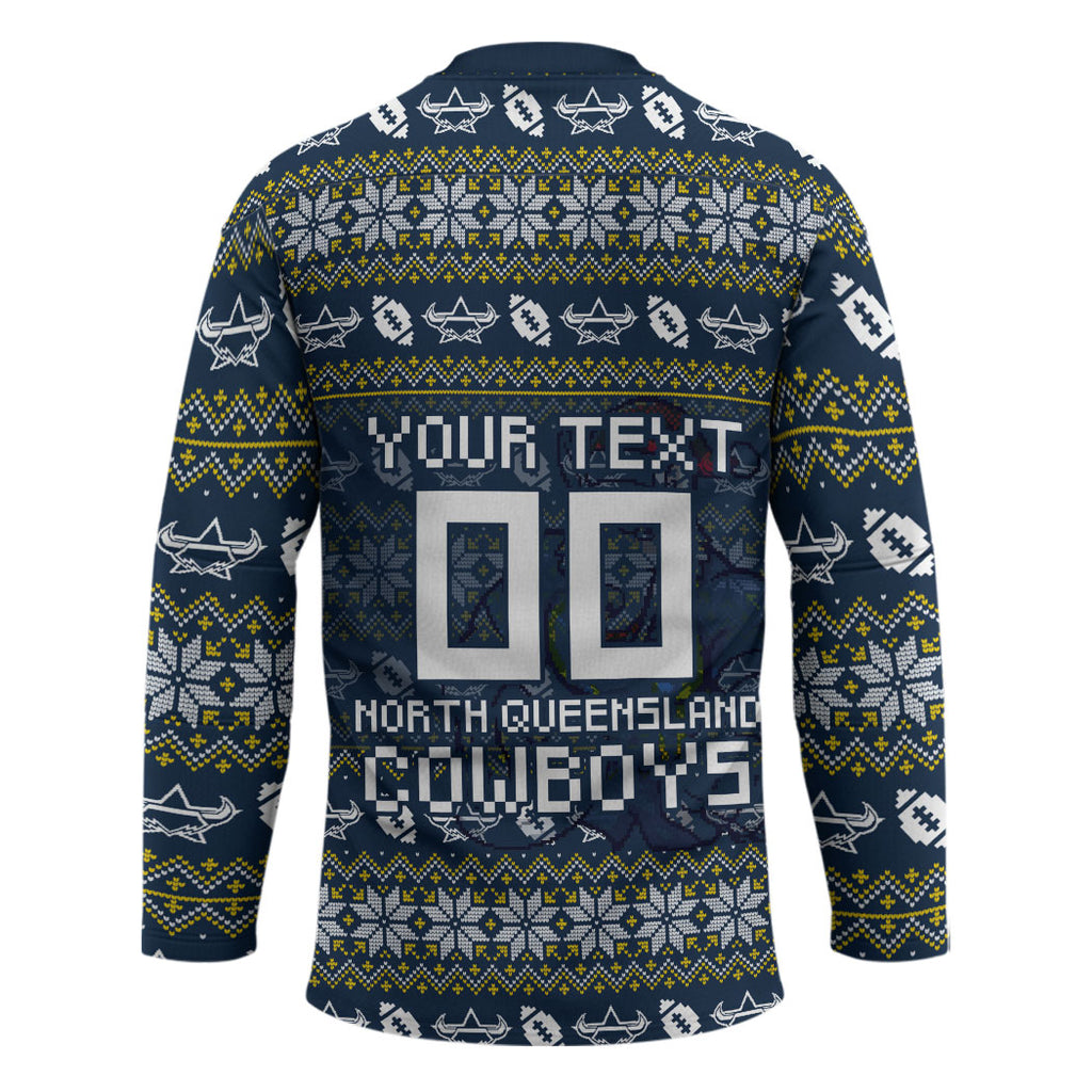 Personalized Cowboys Christmas Hockey Jersey Australian Rugby Fans - Pixelated Ugly Xmas Pattern Mascot Santa