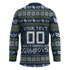 Personalized Cowboys Christmas Hockey Jersey Australian Rugby Fans - Pixelated Ugly Xmas Pattern Mascot Santa