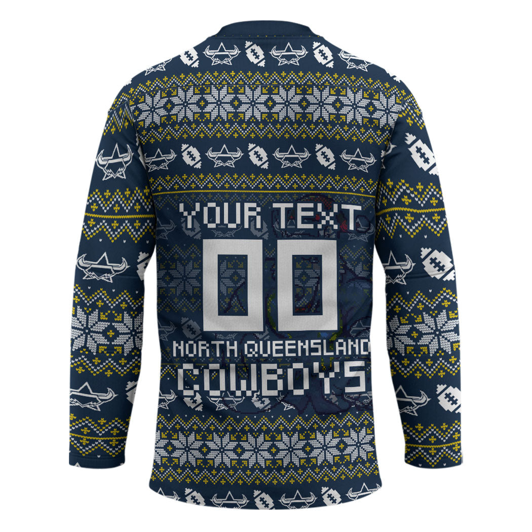 Personalized Cowboys Christmas Hockey Jersey Australian Rugby Fans - Pixelated Ugly Xmas Pattern Mascot Santa
