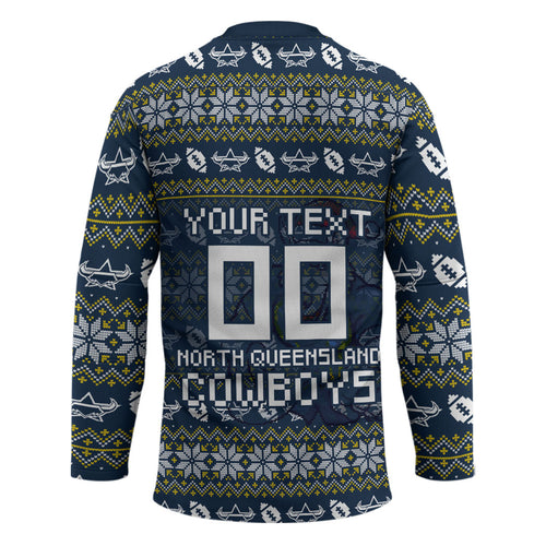 Personalized Cowboys Christmas Hockey Jersey Australian Rugby Fans - Pixelated Ugly Xmas Pattern Mascot Santa