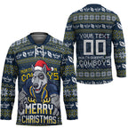 Personalized Cowboys Christmas Hockey Jersey Australian Rugby Fans - Pixelated Ugly Xmas Pattern Mascot Santa