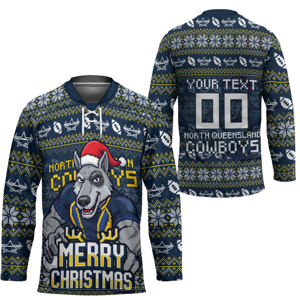 Personalized Cowboys Christmas Hockey Jersey Australian Rugby Fans - Pixelated Ugly Xmas Pattern Mascot Santa