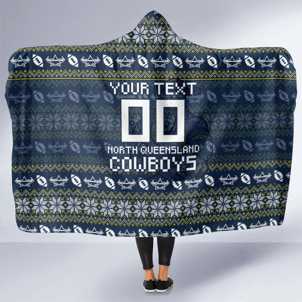Personalized Cowboys Christmas Hooded Blanket Australian Rugby Fans - Pixelated Ugly Xmas Pattern Mascot Santa
