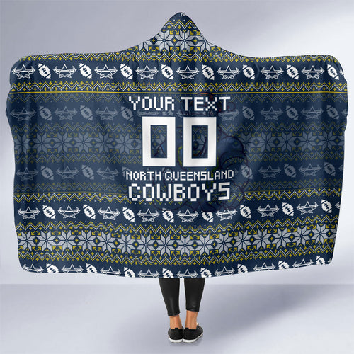 Personalized Cowboys Christmas Hooded Blanket Australian Rugby Fans - Pixelated Ugly Xmas Pattern Mascot Santa