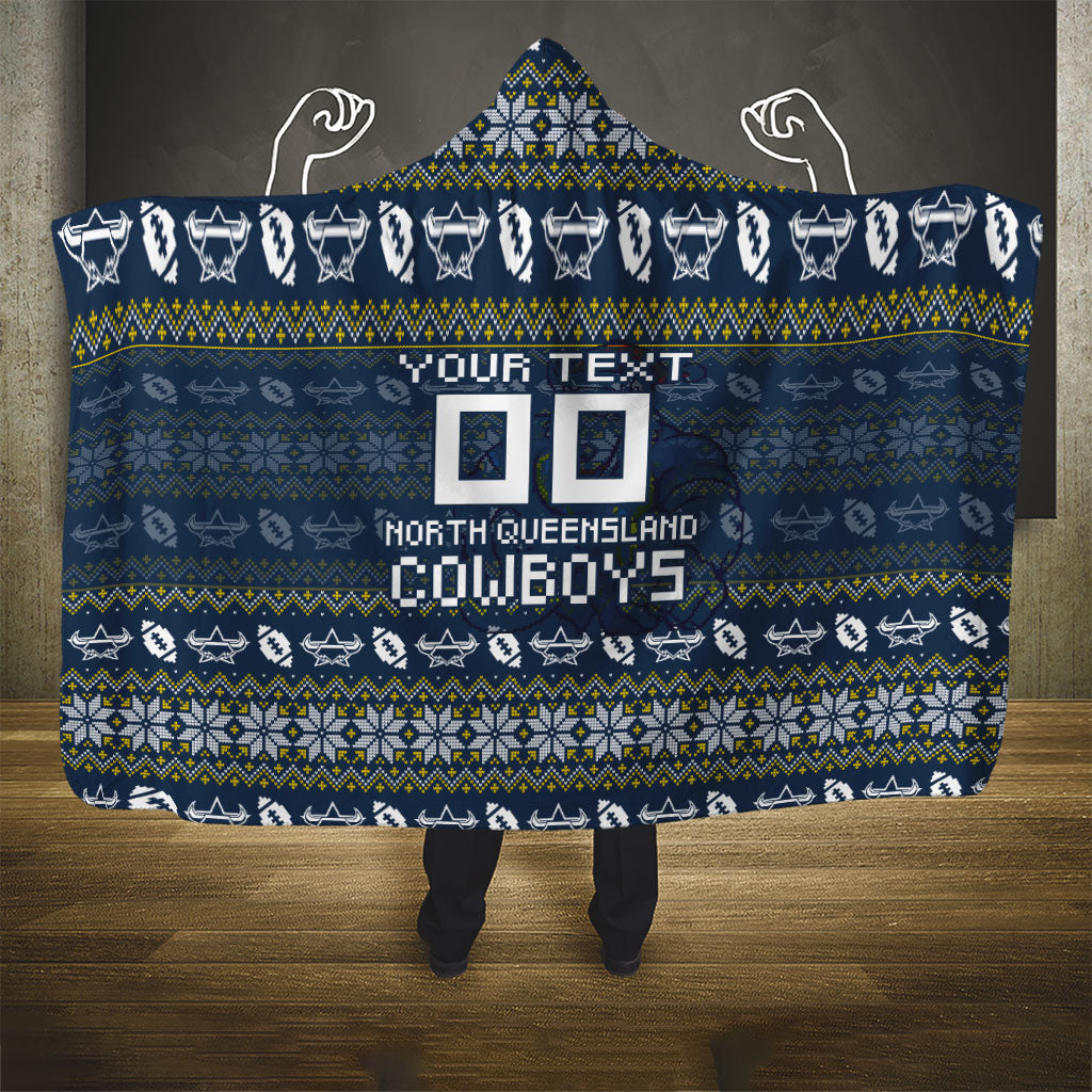 Personalized Cowboys Christmas Hooded Blanket Australian Rugby Fans - Pixelated Ugly Xmas Pattern Mascot Santa