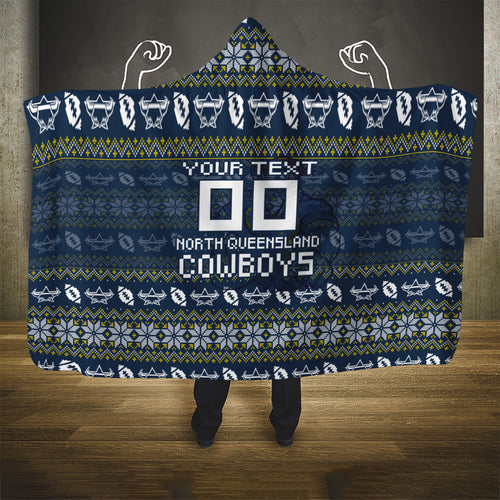 Personalized Cowboys Christmas Hooded Blanket Australian Rugby Fans - Pixelated Ugly Xmas Pattern Mascot Santa