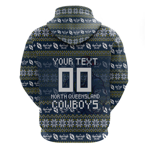 Personalized Cowboys Christmas Hoodie Australian Rugby Fans - Pixelated Ugly Xmas Pattern Mascot Santa