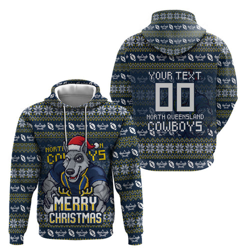 Personalized Cowboys Christmas Hoodie Australian Rugby Fans - Pixelated Ugly Xmas Pattern Mascot Santa