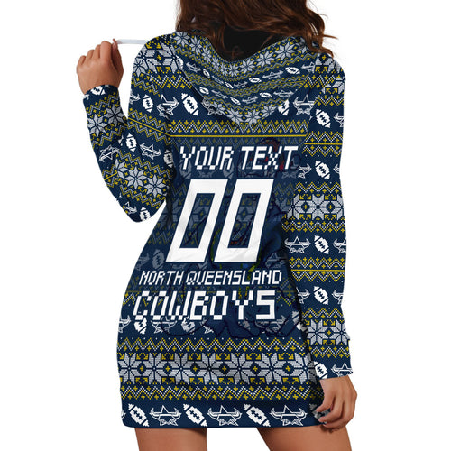 Personalized Cowboys Christmas Hoodie Dress Australian Rugby Fans - Pixelated Ugly Xmas Pattern Mascot Santa