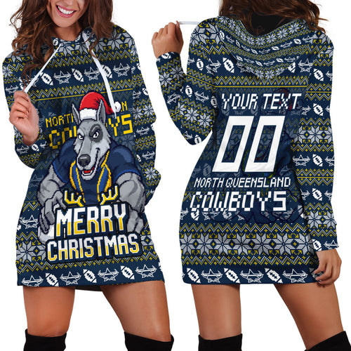 Personalized Cowboys Christmas Hoodie Dress Australian Rugby Fans - Pixelated Ugly Xmas Pattern Mascot Santa