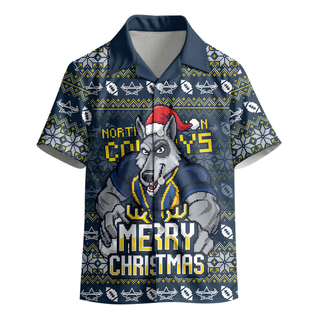 Personalized Cowboys Christmas Kid Hawaiian Shirt Australian Rugby Fans - Pixelated Ugly Xmas Pattern Mascot Santa