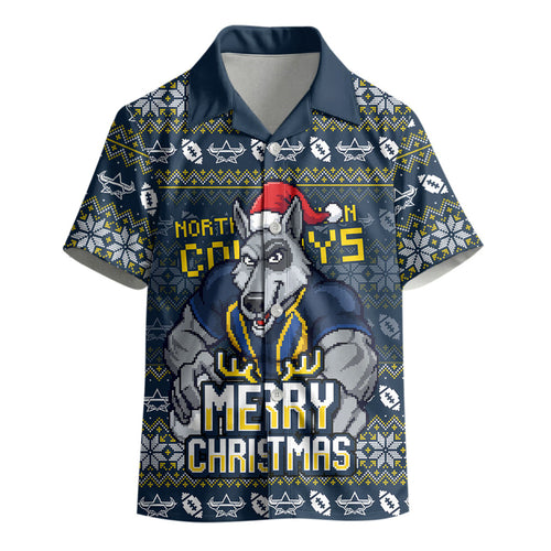 Personalized Cowboys Christmas Kid Hawaiian Shirt Australian Rugby Fans - Pixelated Ugly Xmas Pattern Mascot Santa