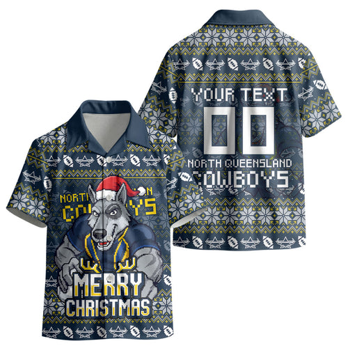 Personalized Cowboys Christmas Kid Hawaiian Shirt Australian Rugby Fans - Pixelated Ugly Xmas Pattern Mascot Santa