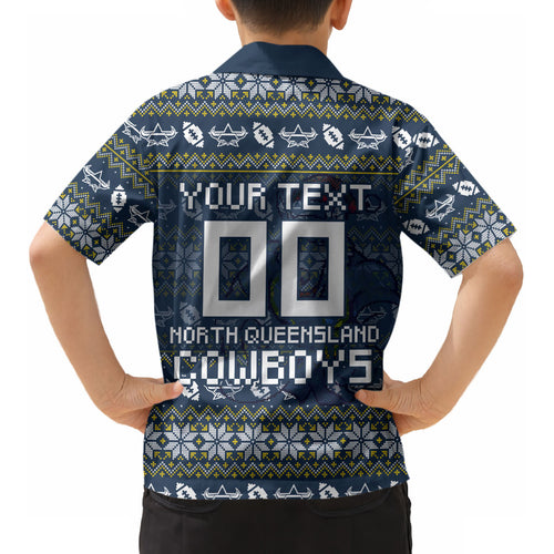 Personalized Cowboys Christmas Kid Hawaiian Shirt Australian Rugby Fans - Pixelated Ugly Xmas Pattern Mascot Santa