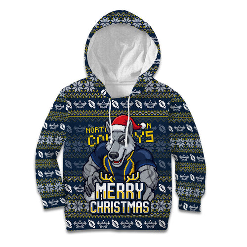 Personalized Cowboys Christmas Kid Hoodie Australian Rugby Fans - Pixelated Ugly Xmas Pattern Mascot Santa