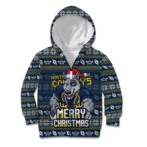 Personalized Cowboys Christmas Kid Hoodie Australian Rugby Fans - Pixelated Ugly Xmas Pattern Mascot Santa