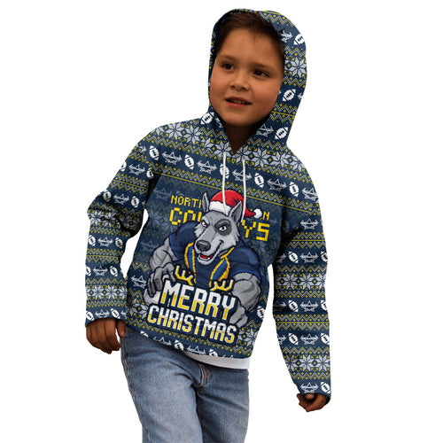 Personalized Cowboys Christmas Kid Hoodie Australian Rugby Fans - Pixelated Ugly Xmas Pattern Mascot Santa