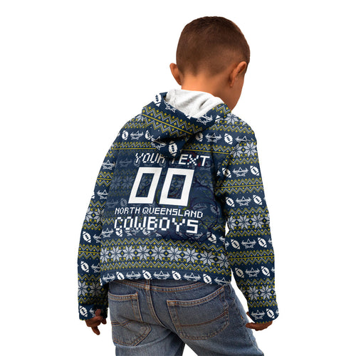 Personalized Cowboys Christmas Kid Hoodie Australian Rugby Fans - Pixelated Ugly Xmas Pattern Mascot Santa