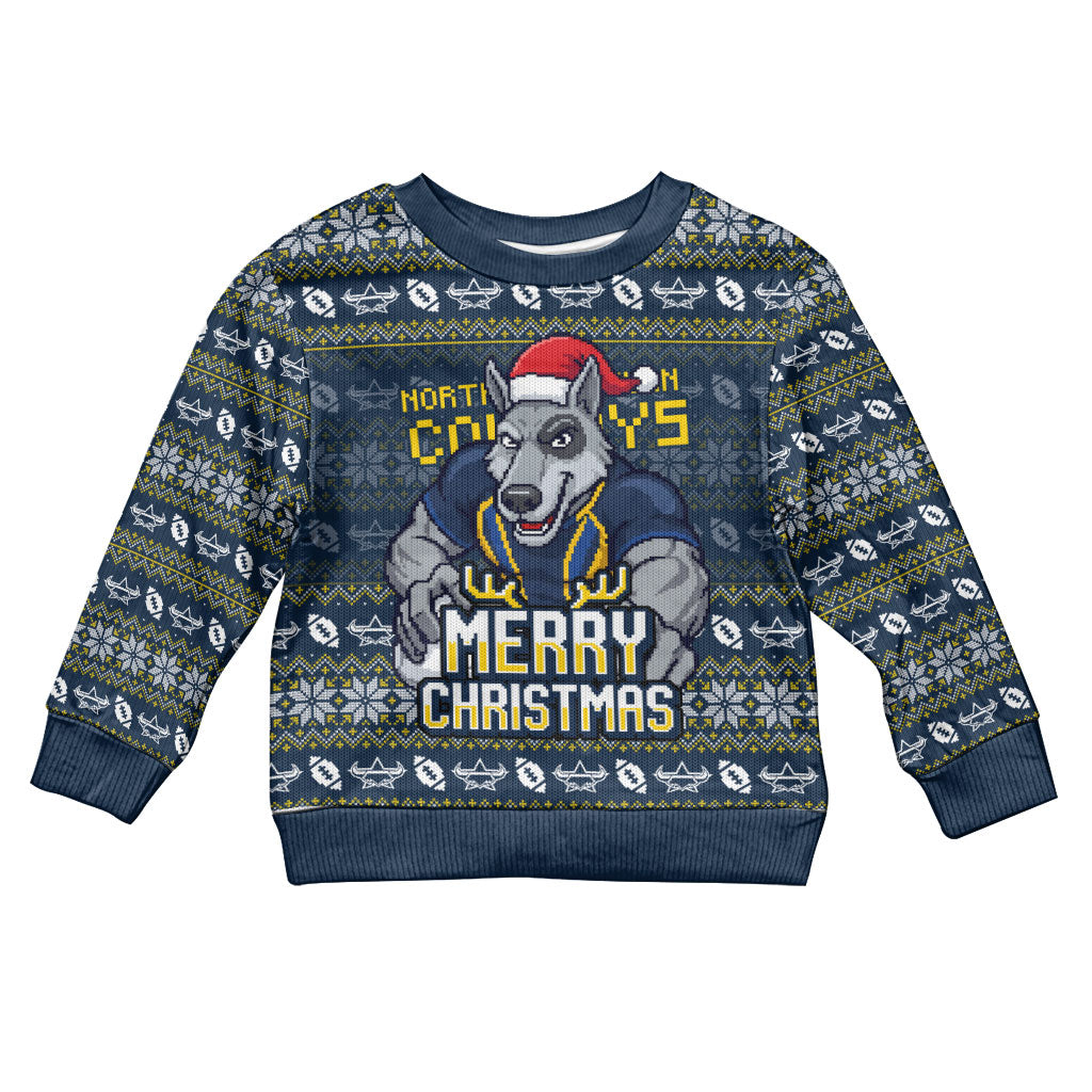 Personalized Cowboys Christmas Kid Ugly Christmas Sweater Australian Rugby Fans - Pixelated Ugly Xmas Pattern Mascot Santa